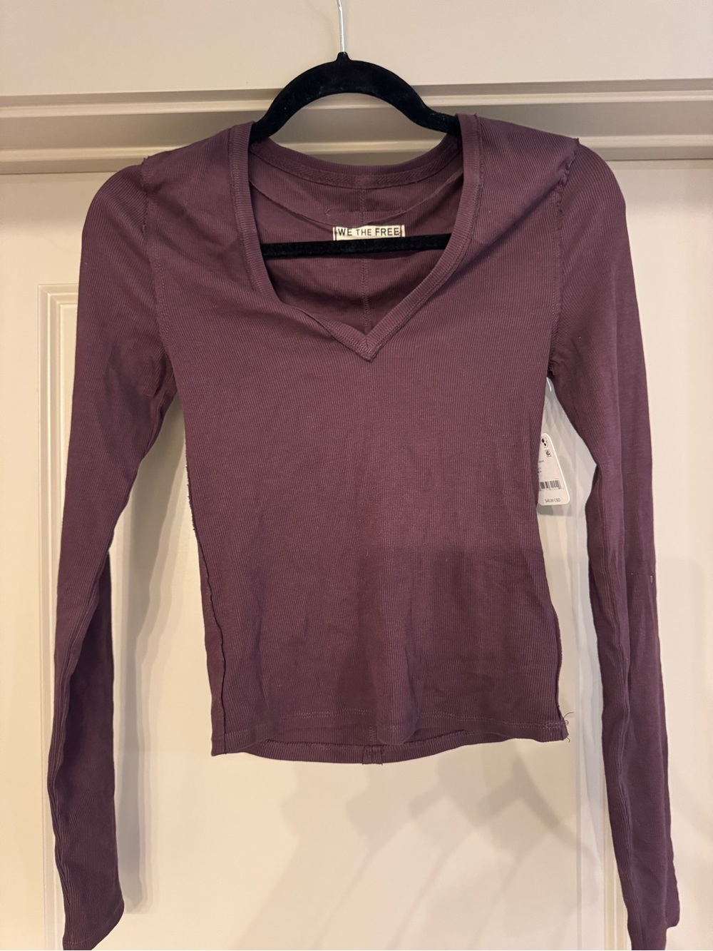 We The Free Plum Ribbed V-Neck Long Sleeve Top